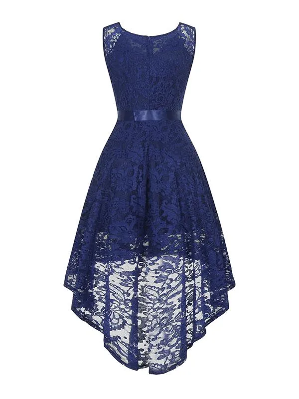 Lace V Neck Sleeve Less High Low Hem Vintage Dress