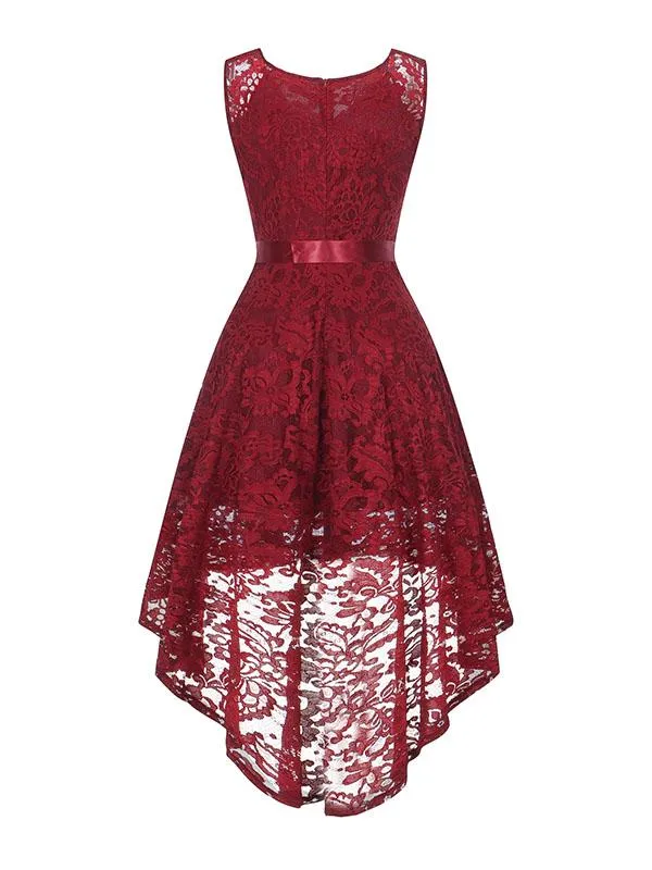Lace V Neck Sleeve Less High Low Hem Vintage Dress