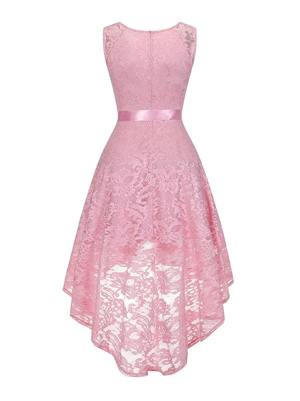 Lace V Neck Sleeve Less High Low Hem Vintage Dress