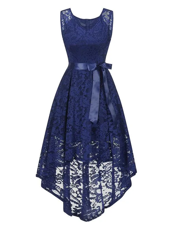 Lace V Neck Sleeve Less High Low Hem Vintage Dress