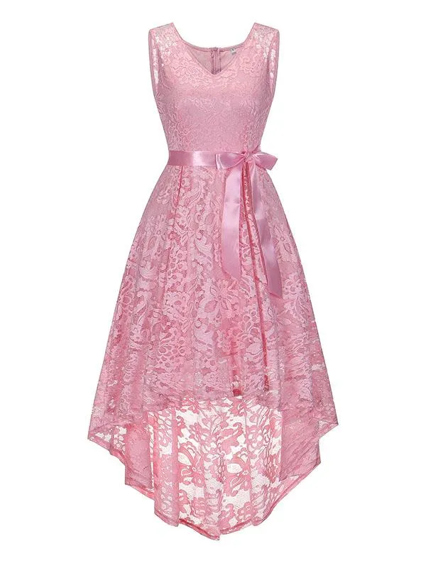 Lace V Neck Sleeve Less High Low Hem Vintage Dress