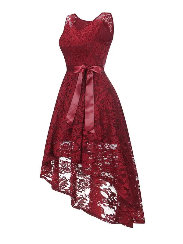 Lace V Neck Sleeve Less High Low Hem Vintage Dress