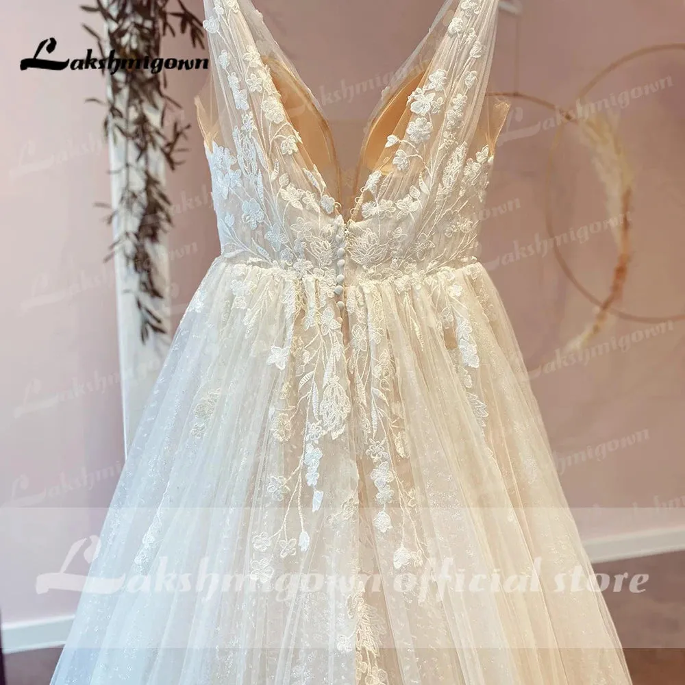 Lakshmigown Champagne V Neck Lace Appliques Wedding Dress 2024 with Shiny Tulle Vestidos Garden A Line Backless Bridal Gowns