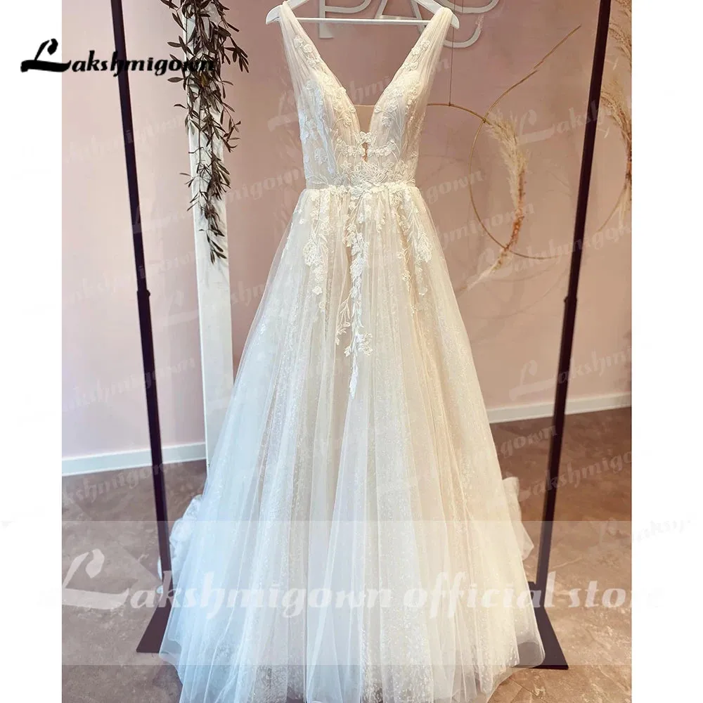 Lakshmigown Champagne V Neck Lace Appliques Wedding Dress 2024 with Shiny Tulle Vestidos Garden A Line Backless Bridal Gowns