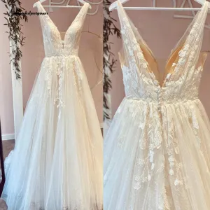 Lakshmigown Champagne V Neck Lace Appliques Wedding Dress 2024 with Shiny Tulle Vestidos Garden A Line Backless Bridal Gowns