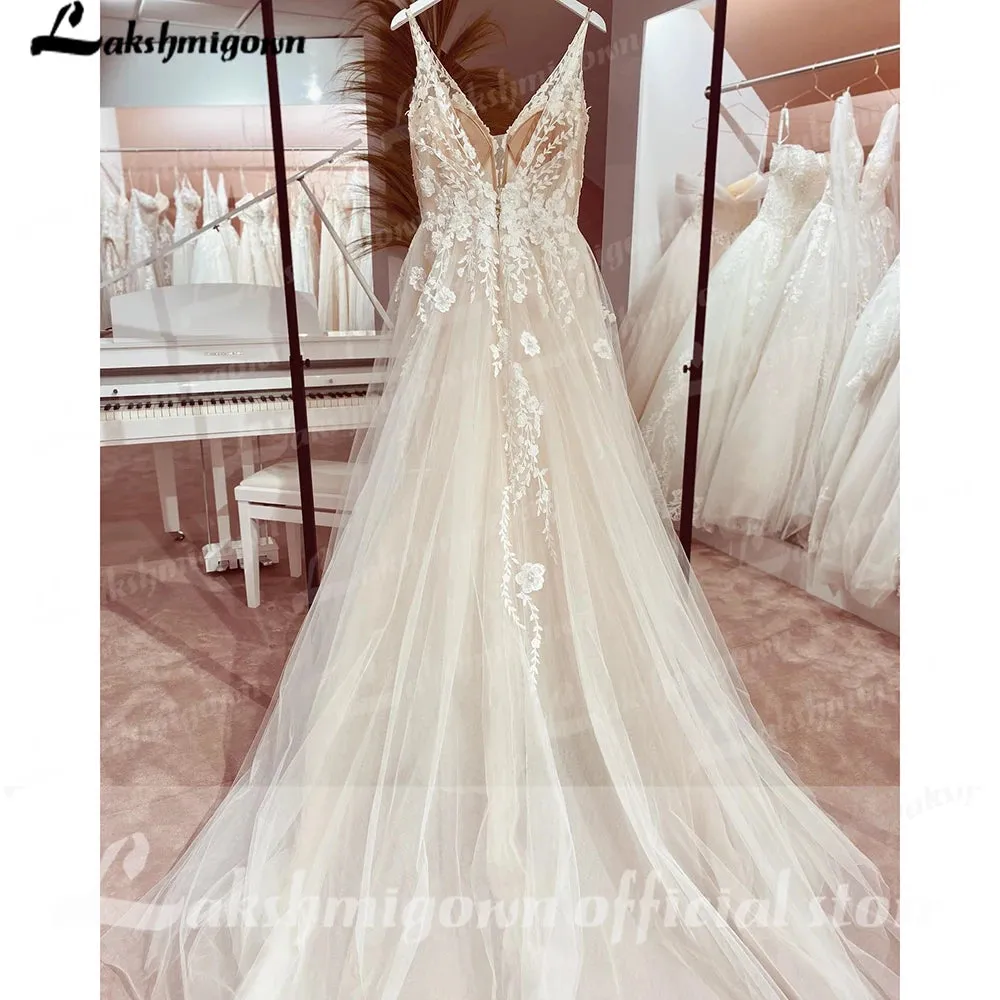 Lakshmigown V neck Tulle Boho Wedding Dresses 2024 Lace Appliques A Line Bridal Gown Sukienka Open Back Wedding Gowns Sleeveless