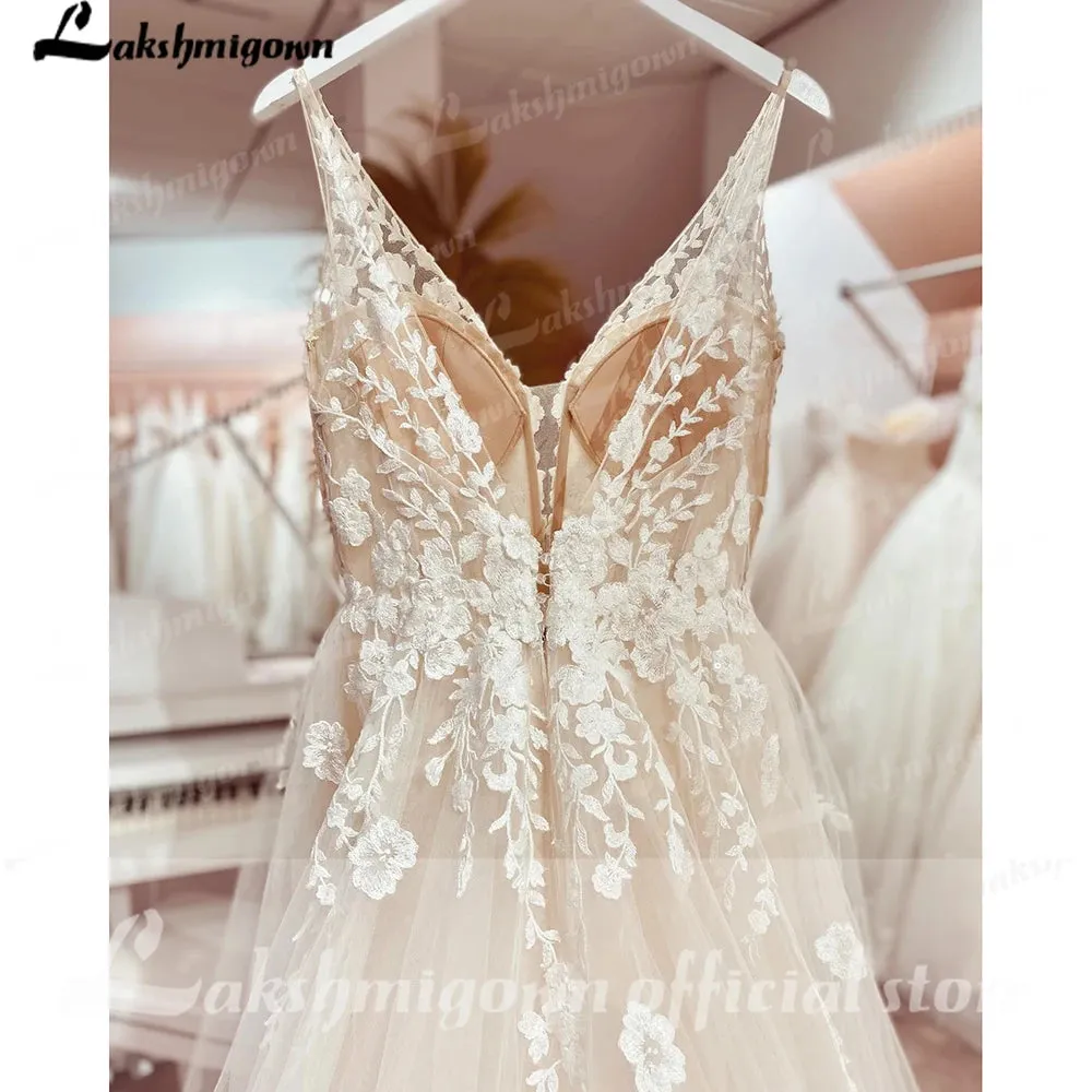 Lakshmigown V neck Tulle Boho Wedding Dresses 2024 Lace Appliques A Line Bridal Gown Sukienka Open Back Wedding Gowns Sleeveless