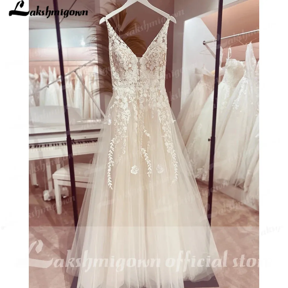 Lakshmigown V neck Tulle Boho Wedding Dresses 2024 Lace Appliques A Line Bridal Gown Sukienka Open Back Wedding Gowns Sleeveless