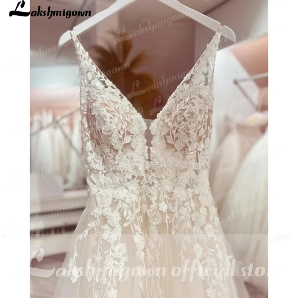 Lakshmigown V neck Tulle Boho Wedding Dresses 2024 Lace Appliques A Line Bridal Gown Sukienka Open Back Wedding Gowns Sleeveless