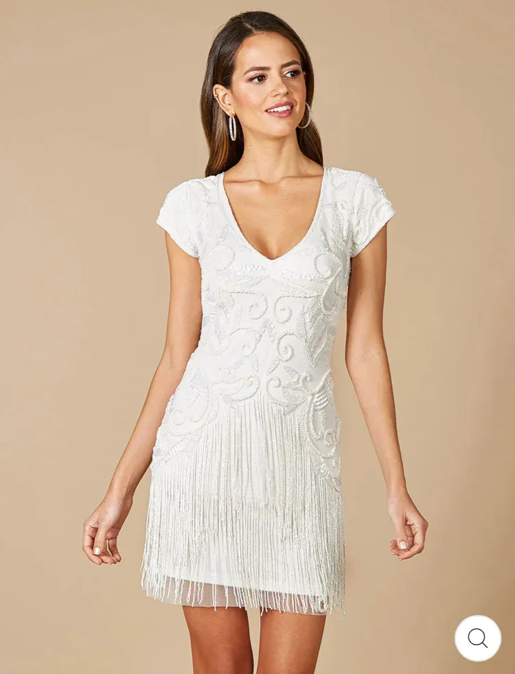 Lara Ivory Candie V-Neck Beaded Fringe Dress 51053