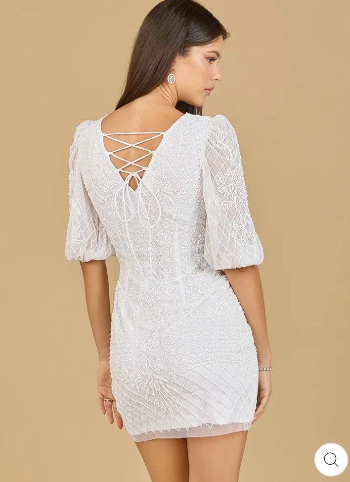 Lara Ivory V-Neck Beaded Short Sleeves Dress 51118