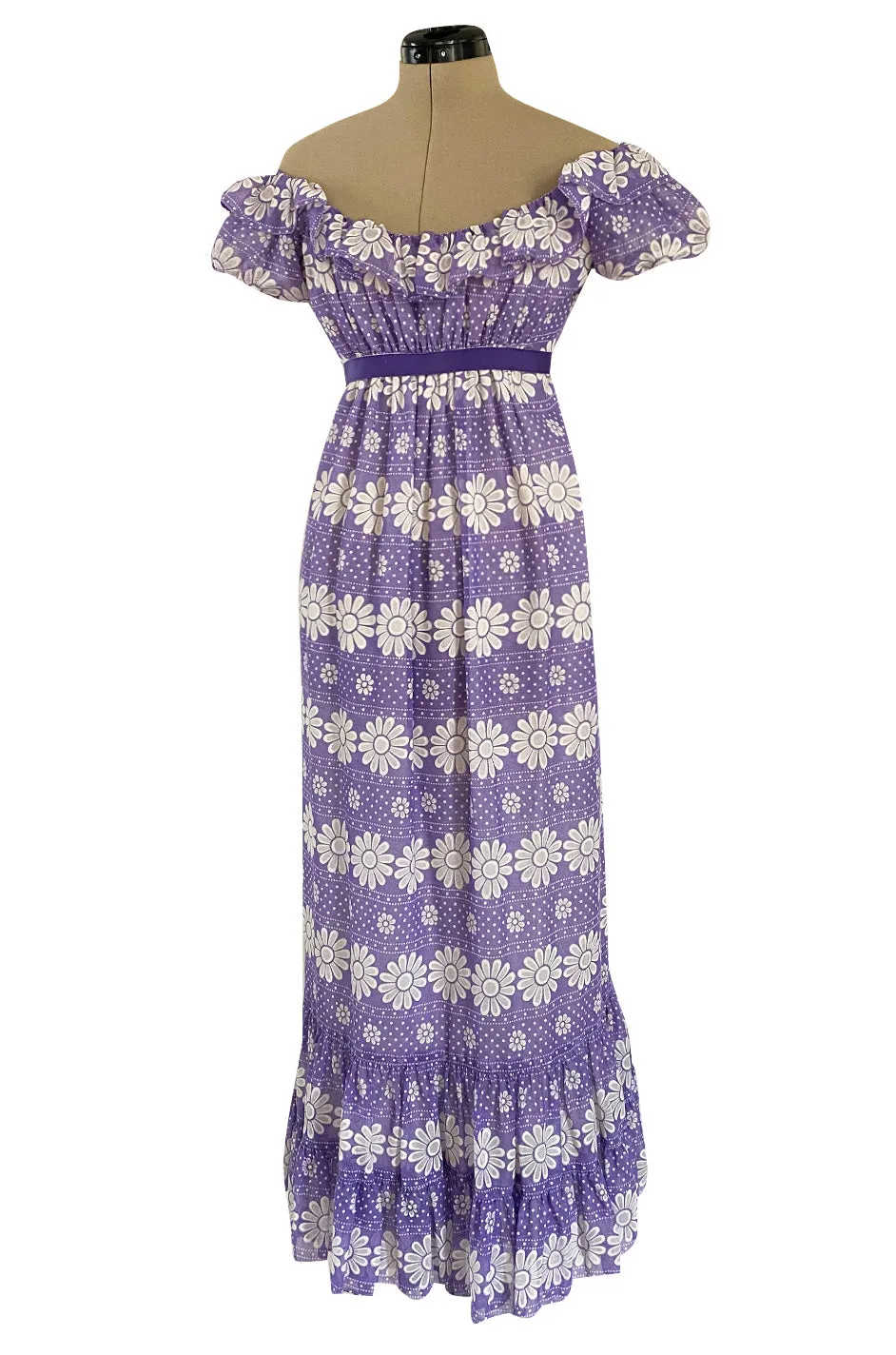 Late 1960s Anne Fogarty Soft Lavender Purple & White Floral Off Shoulder Empire Waist Dress