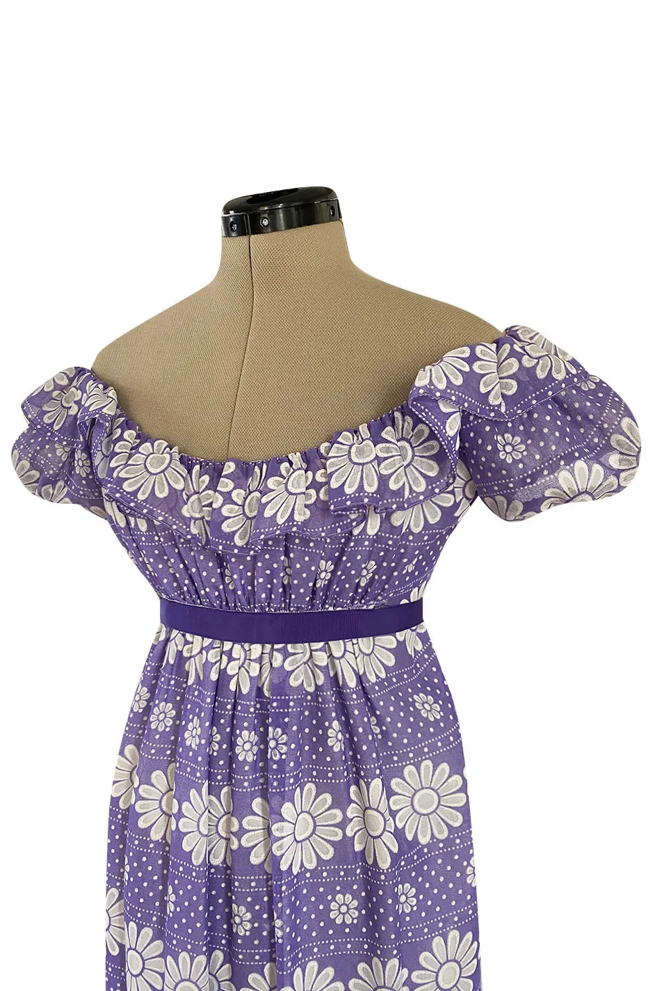 Late 1960s Anne Fogarty Soft Lavender Purple & White Floral Off Shoulder Empire Waist Dress