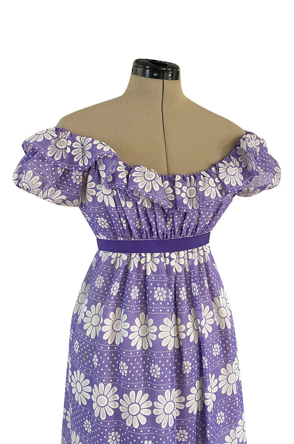 Late 1960s Anne Fogarty Soft Lavender Purple & White Floral Off Shoulder Empire Waist Dress