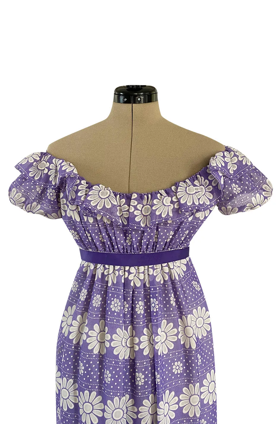 Late 1960s Anne Fogarty Soft Lavender Purple & White Floral Off Shoulder Empire Waist Dress