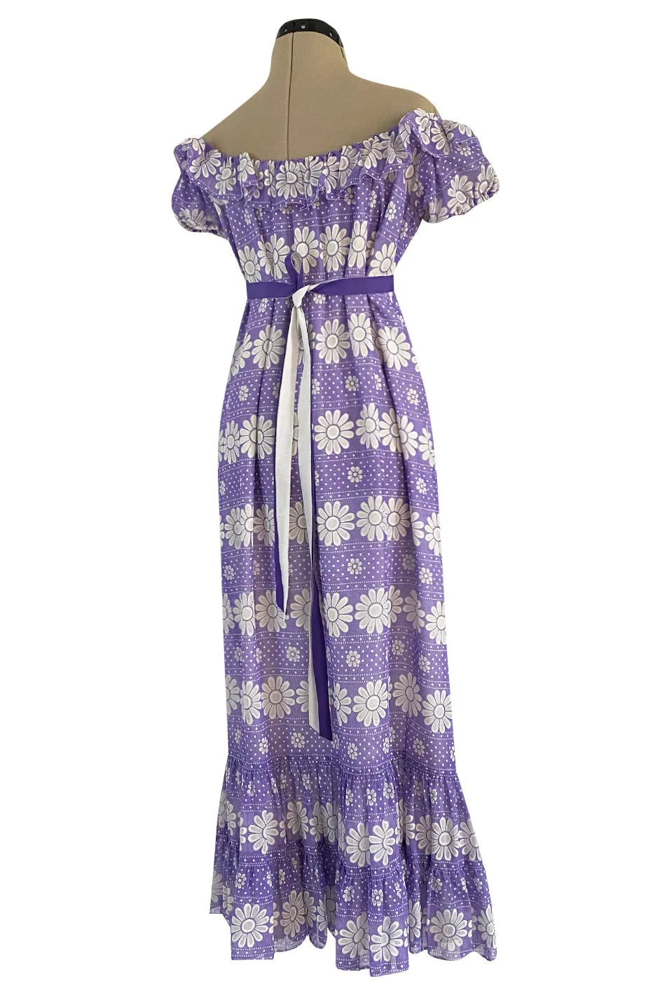 Late 1960s Anne Fogarty Soft Lavender Purple & White Floral Off Shoulder Empire Waist Dress