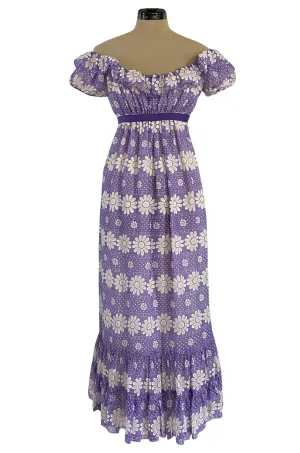 Late 1960s Anne Fogarty Soft Lavender Purple & White Floral Off Shoulder Empire Waist Dress