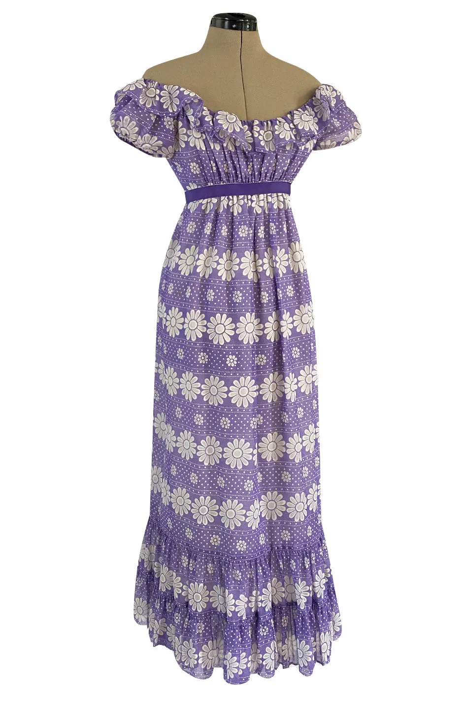 Late 1960s Anne Fogarty Soft Lavender Purple & White Floral Off Shoulder Empire Waist Dress