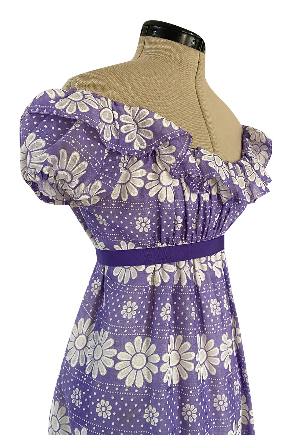 Late 1960s Anne Fogarty Soft Lavender Purple & White Floral Off Shoulder Empire Waist Dress