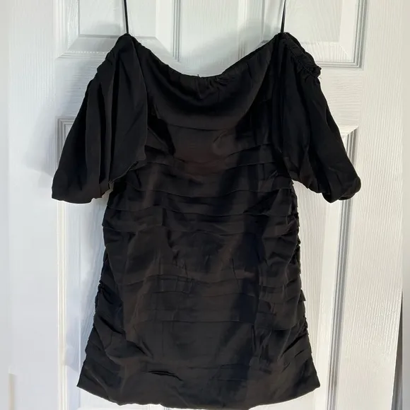 Lena Black pleated Shirring Satin Cocktail Off the Shoulder homecoming  Dress