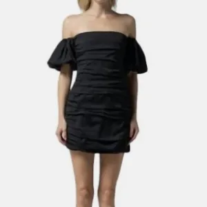 Lena Black pleated Shirring Satin Cocktail Off the Shoulder homecoming  Dress