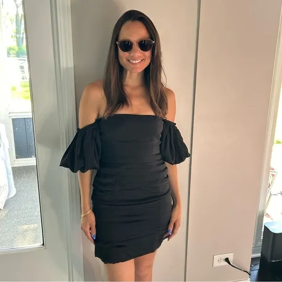 Lena Black pleated Shirring Satin Cocktail Off the Shoulder homecoming  Dress