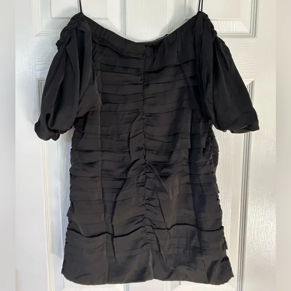 Lena Black pleated Shirring Satin Cocktail Off the Shoulder homecoming  Dress