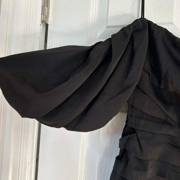 Lena Black pleated Shirring Satin Cocktail Off the Shoulder homecoming  Dress
