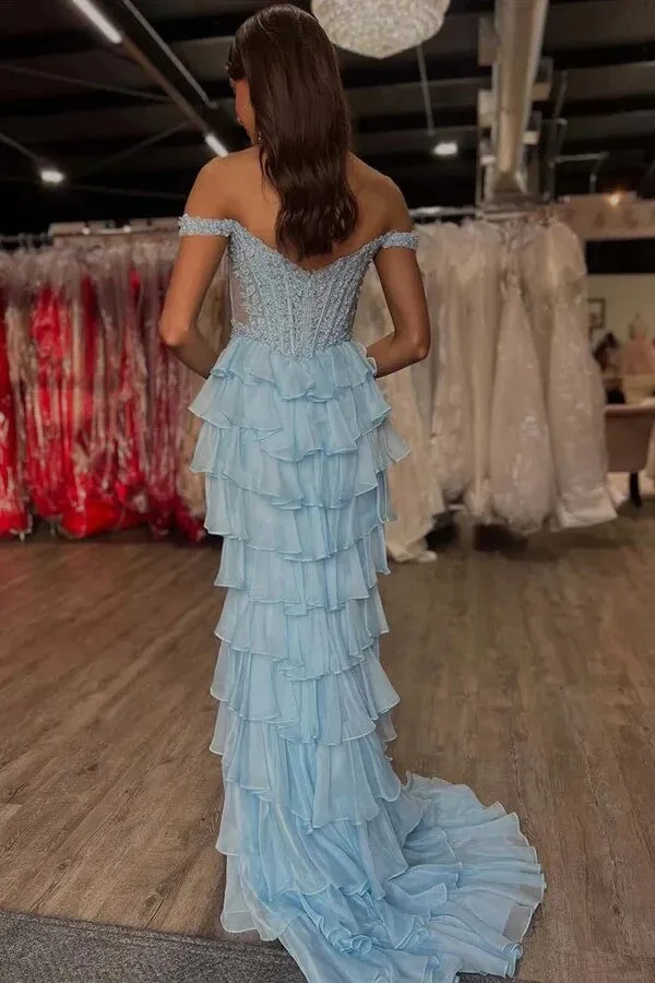 Light Blue Satin Off Shoulder Corset Prom Dresses With Lace Appliques, MP1024
