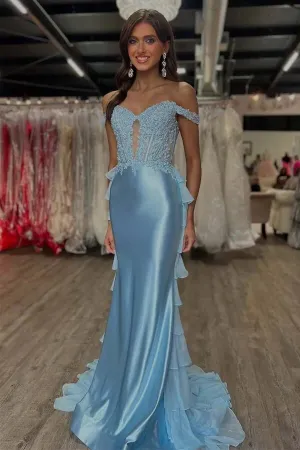 Light Blue Satin Off Shoulder Corset Prom Dresses With Lace Appliques, MP1024