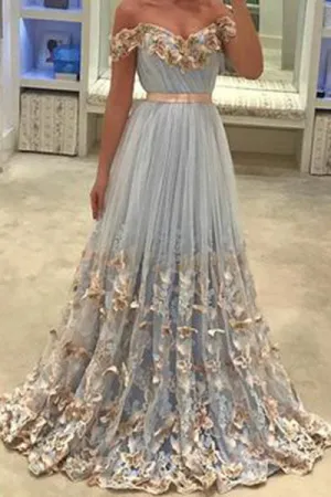 Light Blue Tulle Off The Shoulder Evening Gowns A Line Lace Appliques Prom Dresses OK632