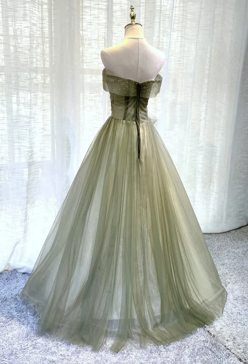 Light Green Tulle Scoop Long Party Gown, Green Bridesmaid Dress