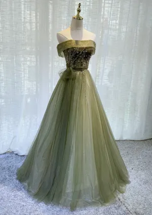 Light Green Tulle Scoop Long Party Gown, Green Bridesmaid Dress