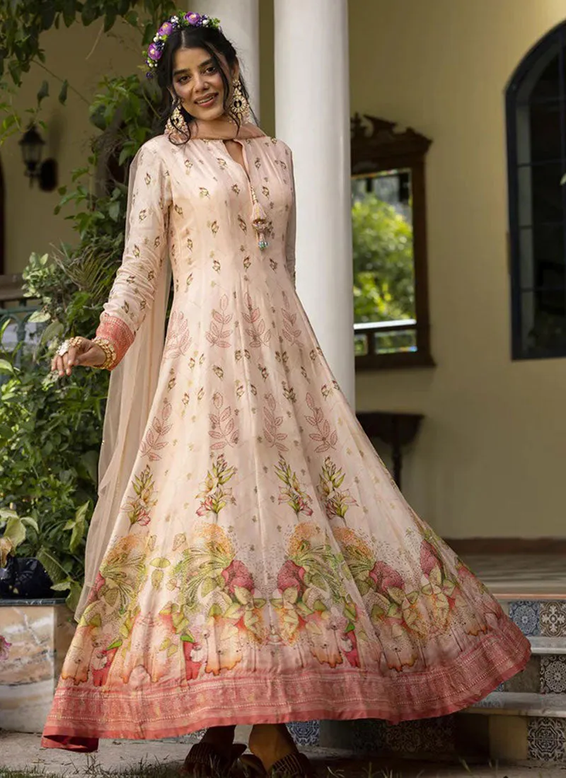 Light Pink Embroidery Floral Printed Anarkali Gown