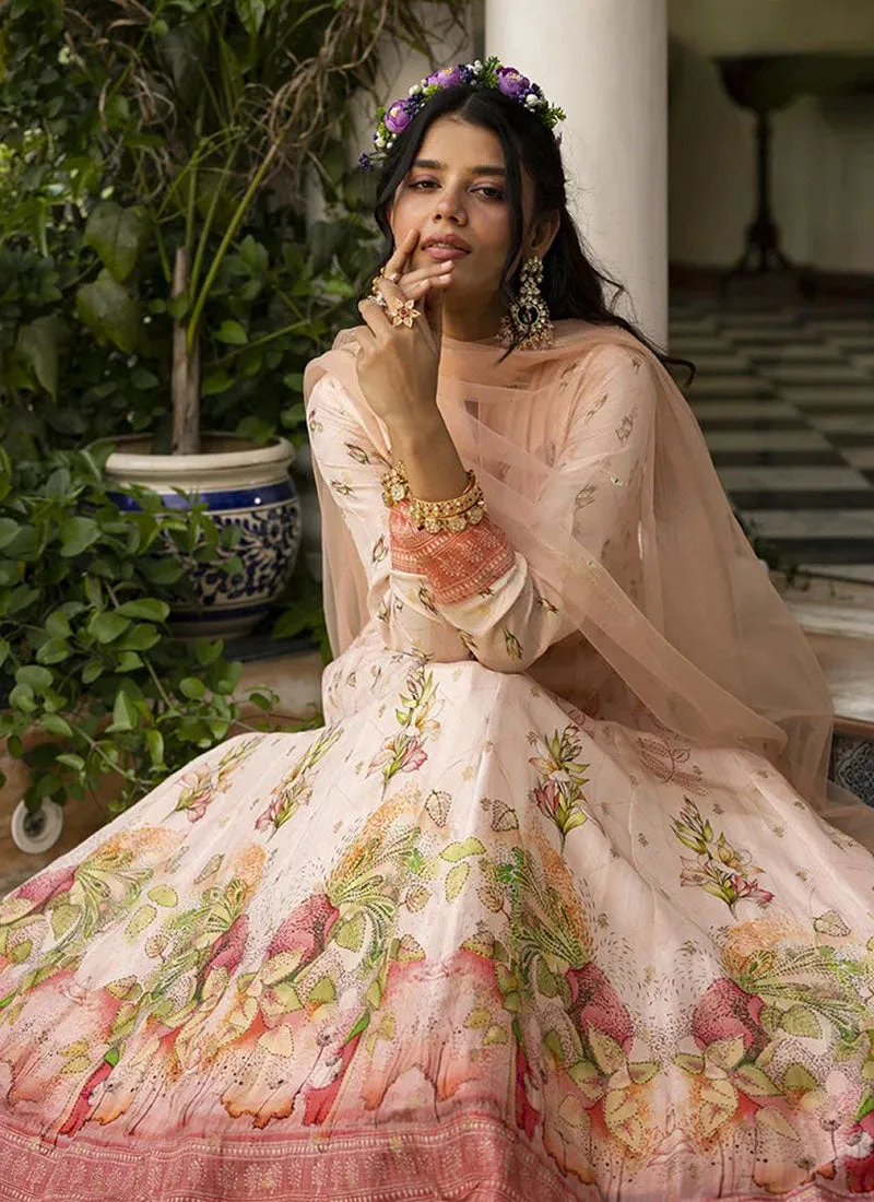 Light Pink Embroidery Floral Printed Anarkali Gown