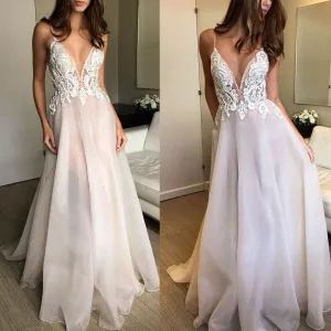 light pink prom dresses 2020 deep v neck lace appliqué beaded a line prom gown vestido de Longo