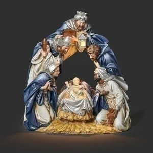 Lighted Blue ands Gold Arched Nativity 9"
