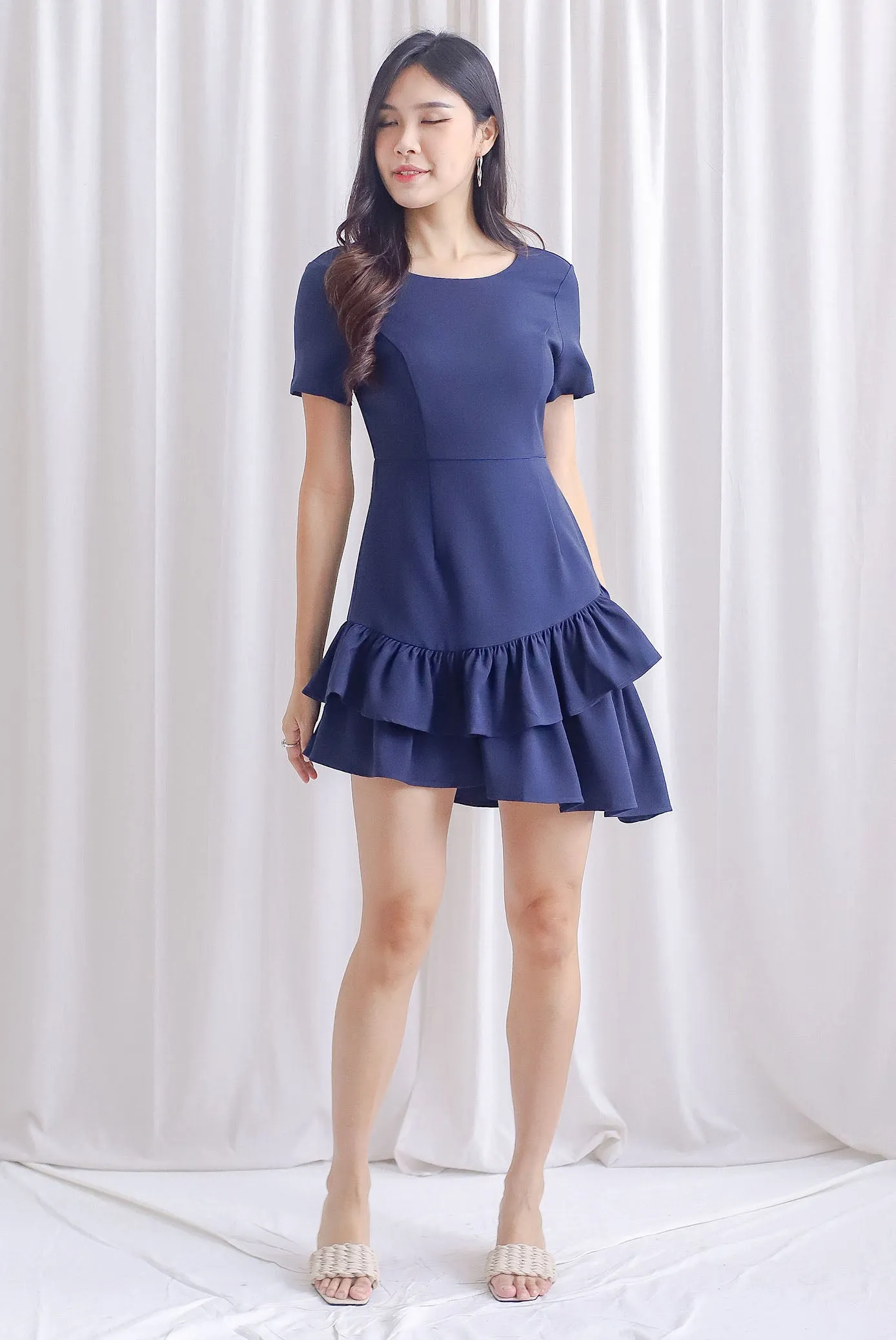Lindea Asymm Tiered Sleeve Dress In Navy Blue