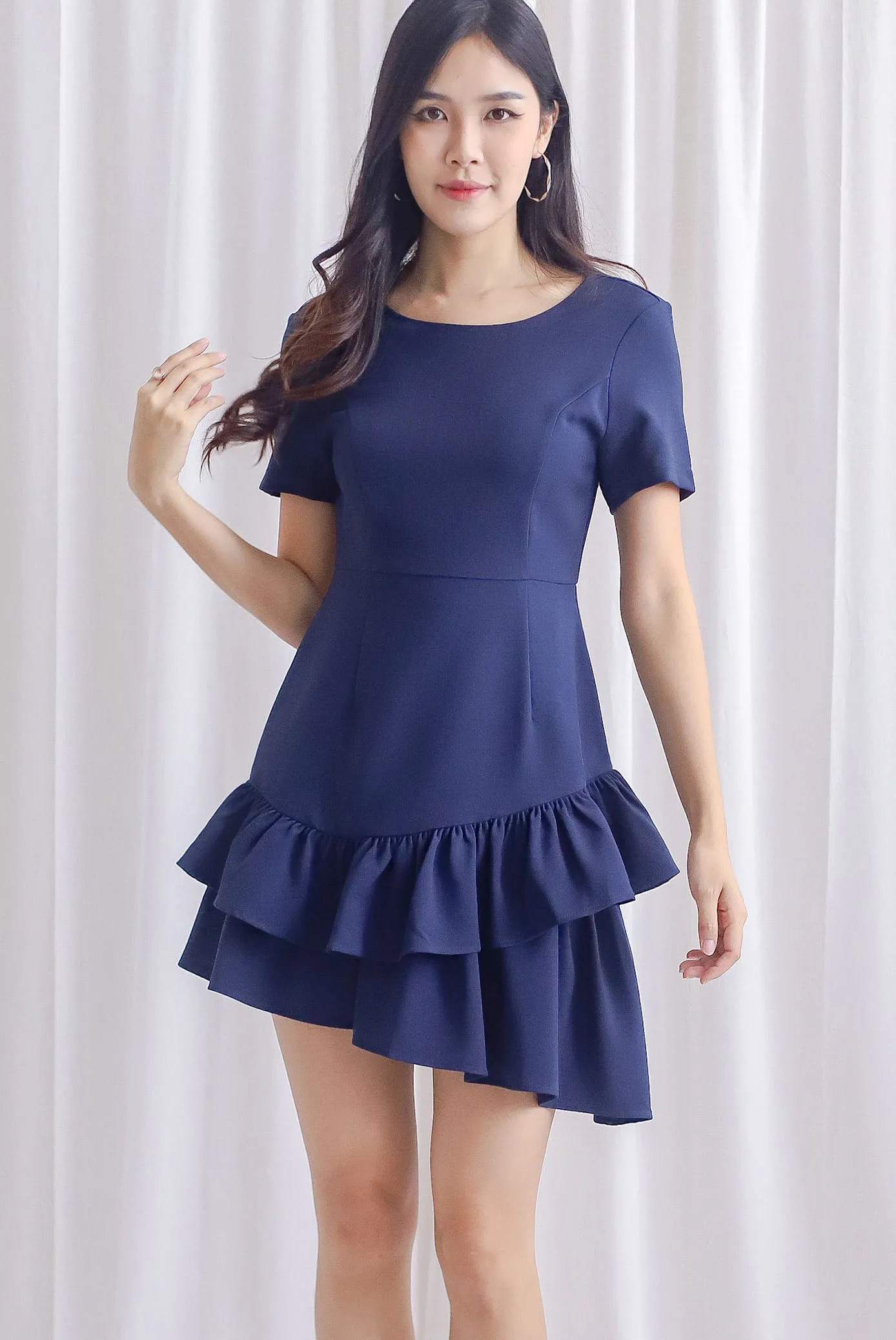 Lindea Asymm Tiered Sleeve Dress In Navy Blue