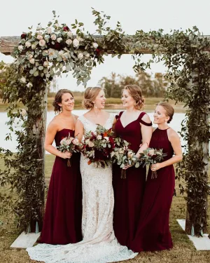 Long Chiffon Burgundy Bridesmaid Dresses