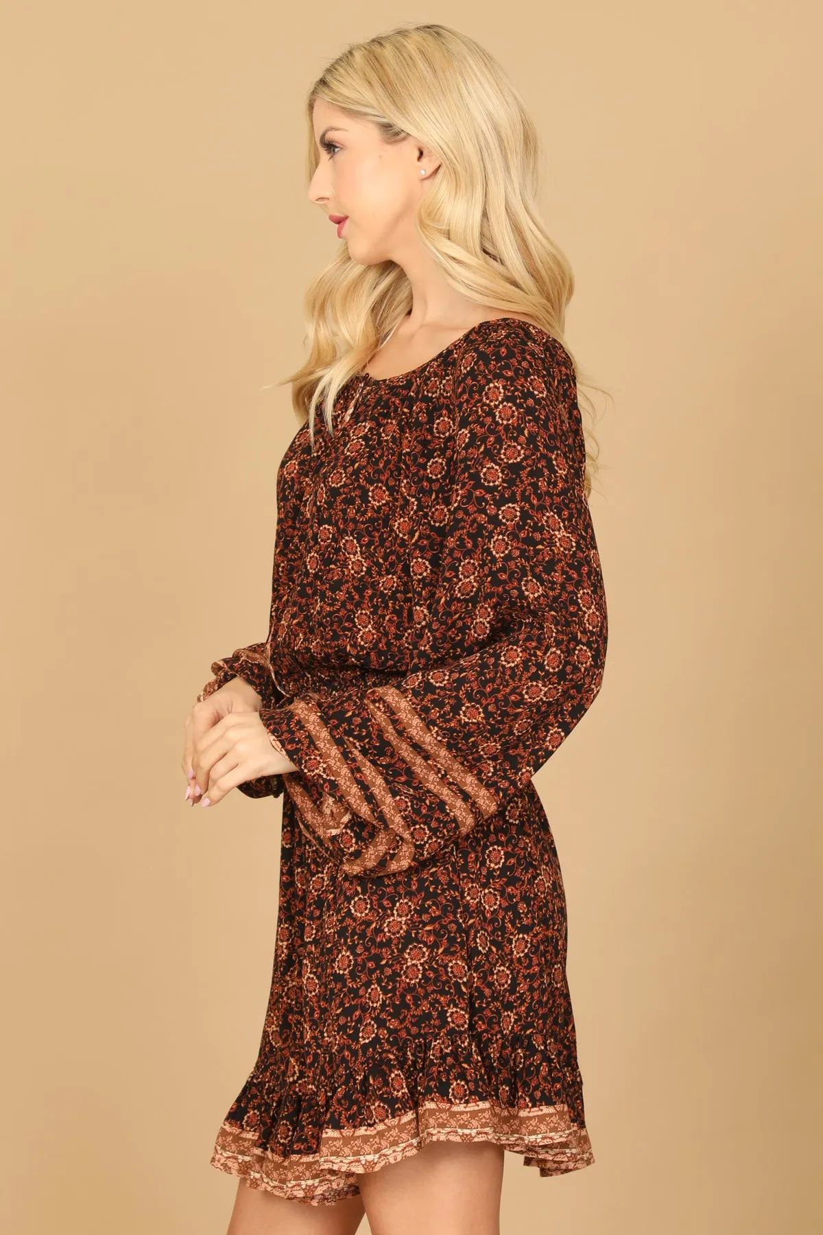 LONG PUFF SLEEVE CINCH WAIST PRINTED DRESS