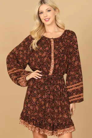 LONG PUFF SLEEVE CINCH WAIST PRINTED DRESS