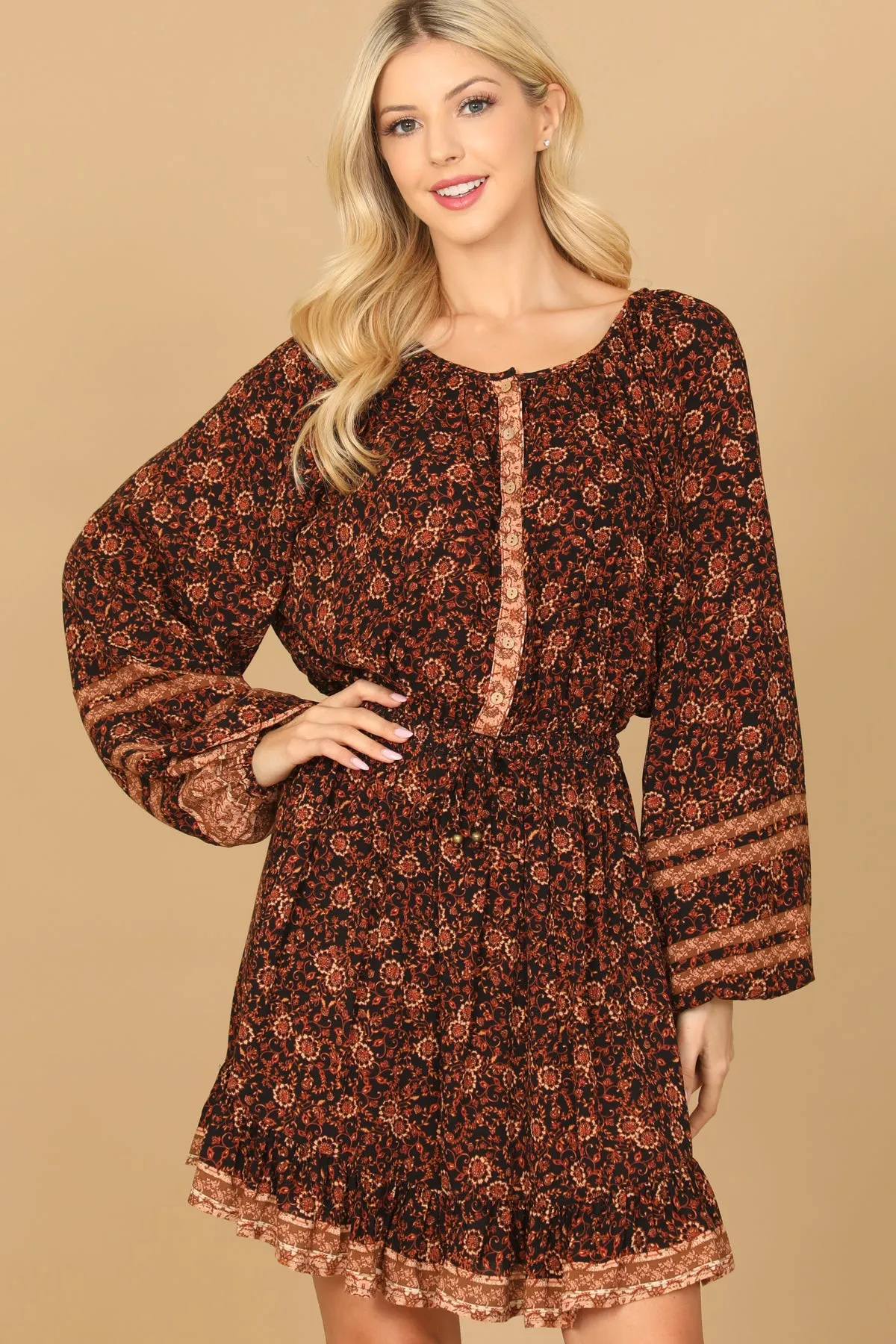 LONG PUFF SLEEVE CINCH WAIST PRINTED DRESS