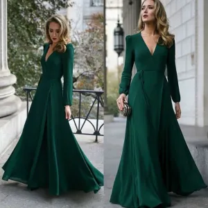 long sleeve green prom dresses 2020 elegant v neck simple modest cheap prom gown robe de soiree