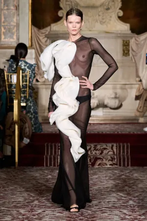 Long Sleeve Mesh Gown with Layered Ivory Organza Ruffle