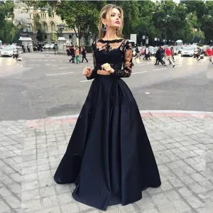 Long Sleeve Prom Dresses,Black Prom Dress,Lace Evening Dress