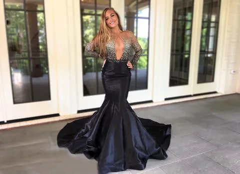 Long Sleeves Beaded Sexy Mermaid Satin Prom Dresses, PD0798