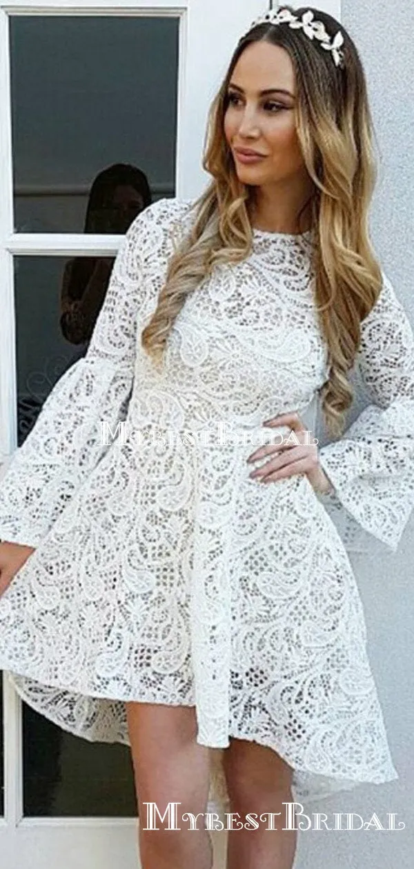 Long Sleeves Ivory Lace High-low A-line Short Cheap Homecoming Dresses, HDS0028