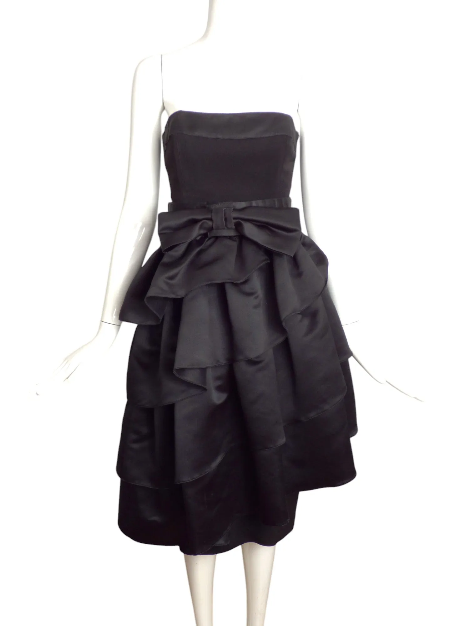 LOUIS FERAUD- 1980s Strapless Black Satin Cocktail Dress, Size 4
