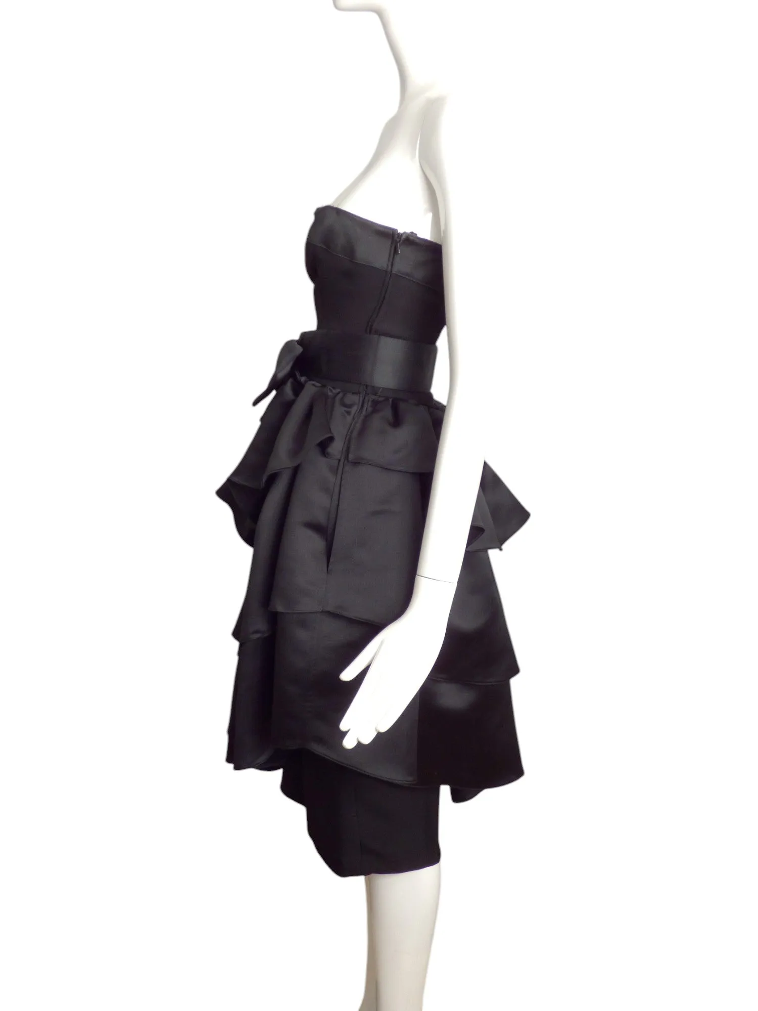 LOUIS FERAUD- 1980s Strapless Black Satin Cocktail Dress, Size 4
